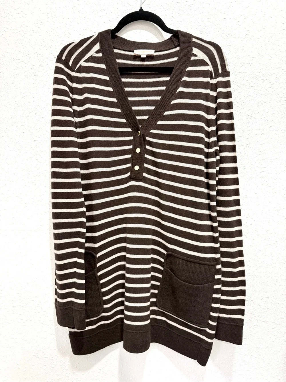 Tory Burch Striped V-Neck Pocket Tunic Sweater XL